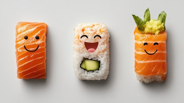 Three pieces of sushi, decorated with happy faces, arranged on a light gray background.  Each piece features a different type of sushi a salmon sashimi, a california roll, and another salmon roll