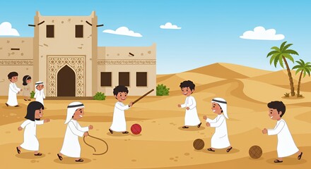 Children Playing Traditional Games in a Desert Oasis near Traditional Arabian Houses