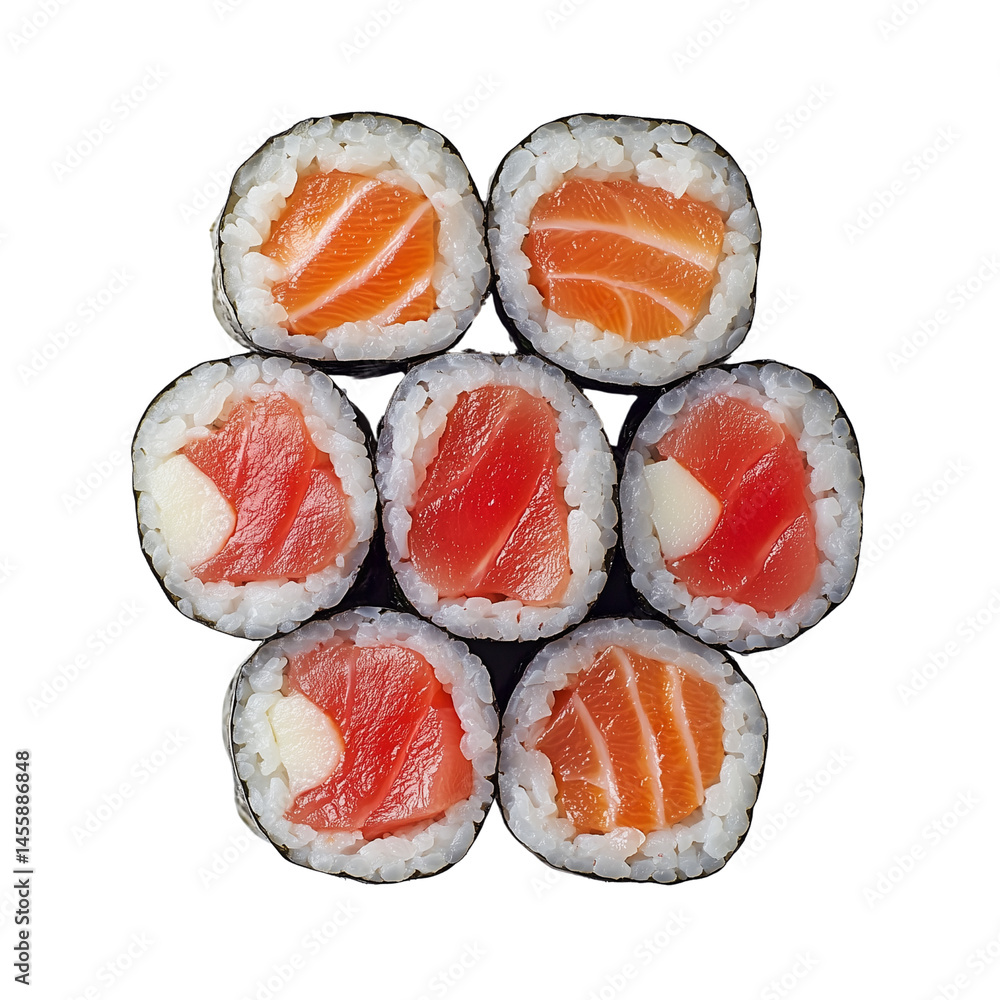 Poster sushi rolls arranged in a circular pattern showcasing various fish fillings with rice and seaweed. i