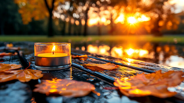 Autumn Leaves and Lit Candle on Rustic Wooden Table at Sunset - Powered by Adobe