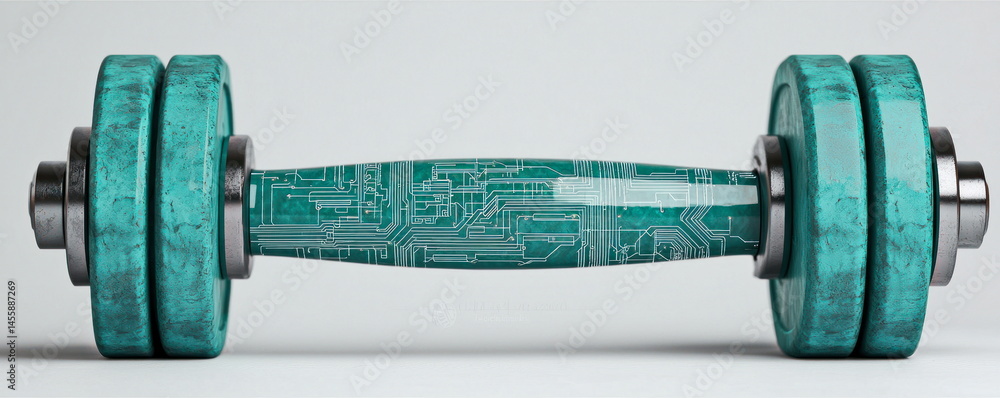Poster A dumbbell with a printed circuit board design shows the intersection of technology and physical fitness on a clean, modern background.