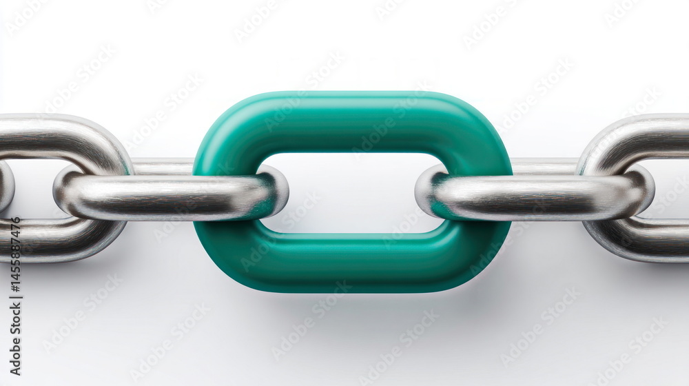 Poster a conceptual close up image shows a chain of interlocked metal links with one special link colored i