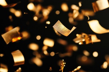 Golden confetti, in motion, against a black background.  Pieces of gold shimmer and float, creating a festive, celebratory mood