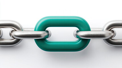Obraz premium A conceptual close up image shows a chain of interlocked metal links with one special link colored in vivid turquoise on a white background.