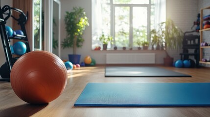Fitness room with exercise ball and mat