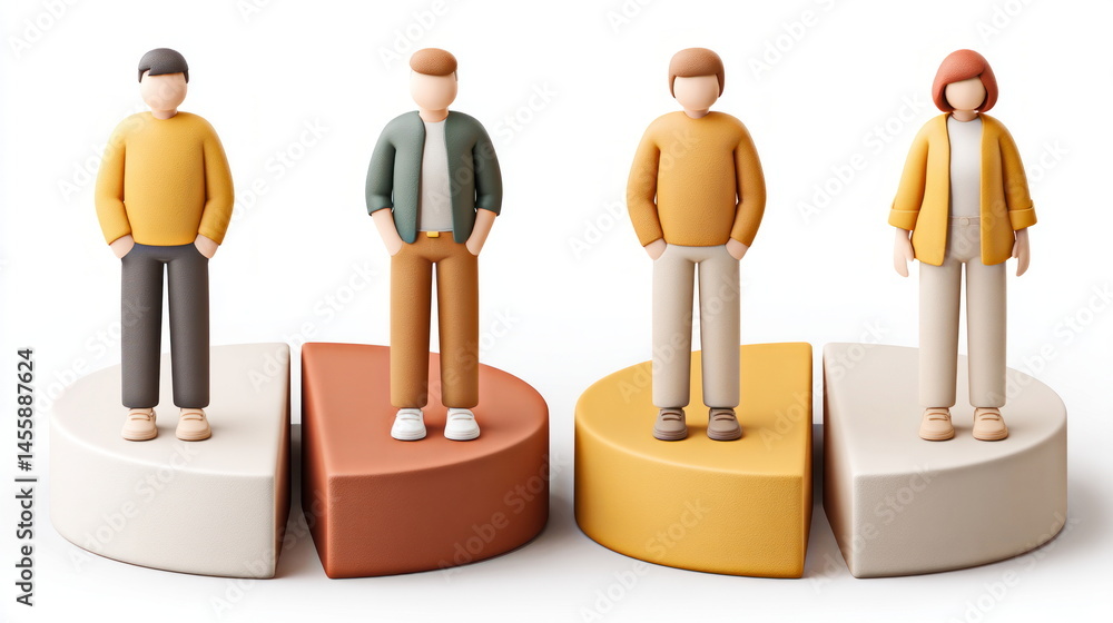 Aufkleber Diverse group of faceless 3D figures stand atop pie chart pieces representing market share and statistical data for business analysis.