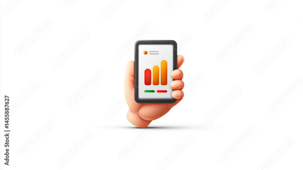 Poster an illustrative cartoon hand is holding a smartphone displaying a colorful bar graph, signifying dat