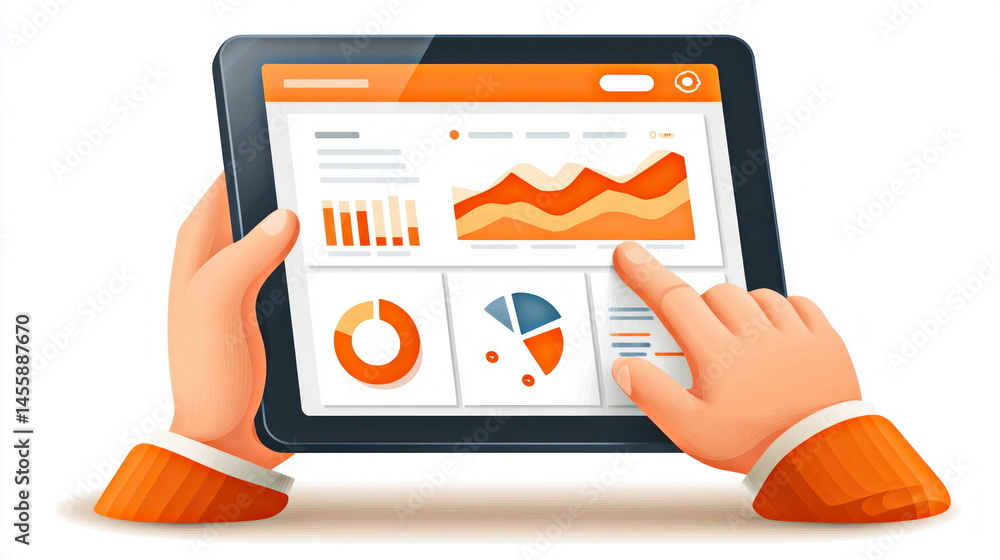 Poster Hands touch the screen of a tablet displaying graphs and data visualizations, showcasing analytics and business ligence software app.