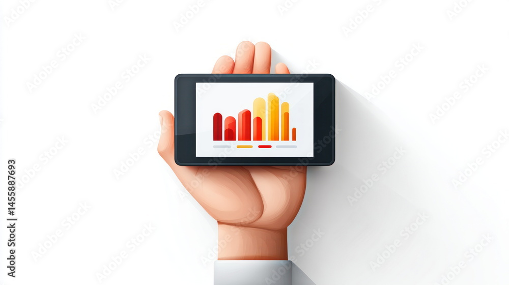 Poster A stylized hand holds a smartphone displaying a vibrant bar graph showcasing data trends and analysis on a clean white background design.