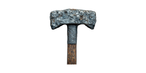 Rustic Stone Hammer With Wooden Handle. Symbol Of Primitive Tools And Historical Craftsmanship Isolated On Transparent Background