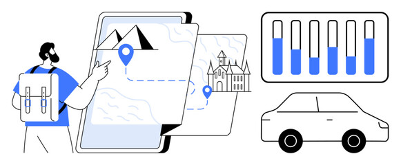 Backpacker using a digital map with markers alongside a car, bar chart, and travel-themed elements. Ideal for travel, navigation, analytics, tourism, logistics, data simple landing page