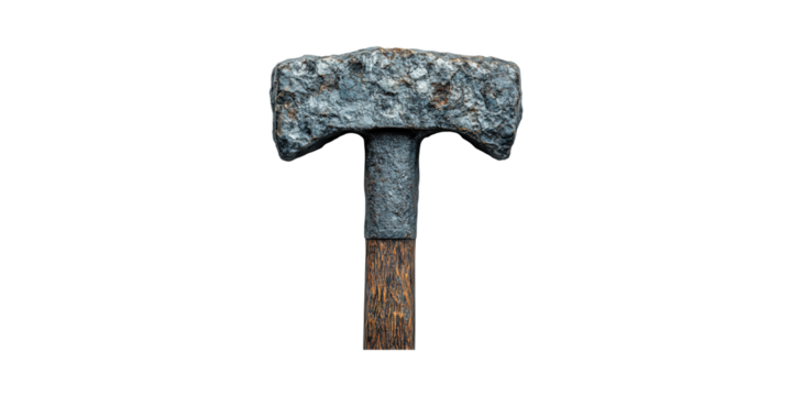 Rustic Stone Hammer With Wooden Handle. Symbol Of Primitive Tools And Historical Craftsmanship Isolated On Transparent Background