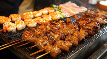 Grilled seafood and meat skewers closeup view culinary photography