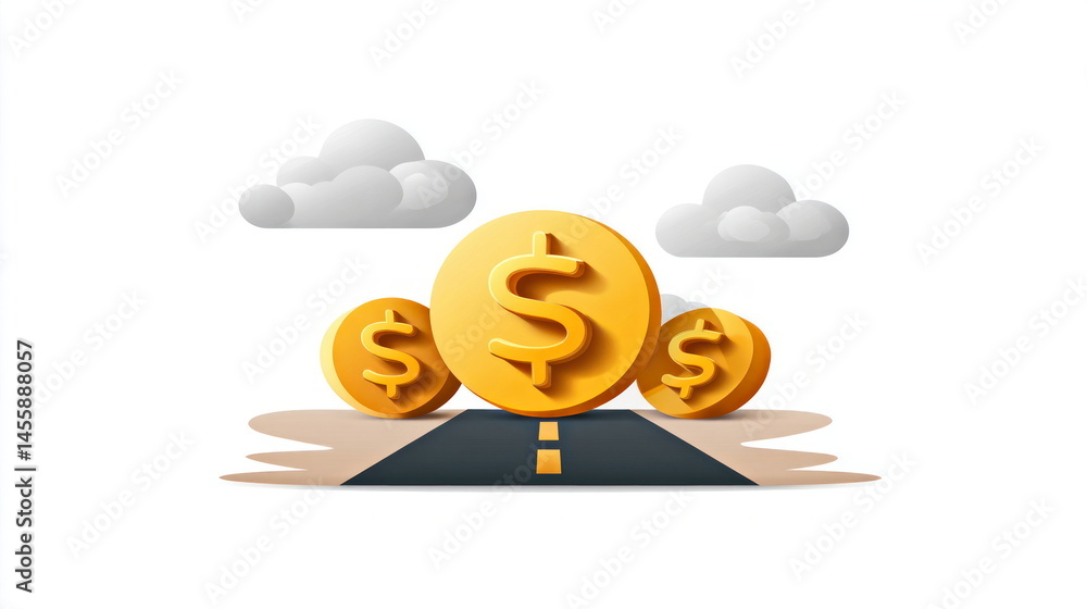 Poster golden dollar coins are positioned on a path leading to success with fluffy clouds floating above in