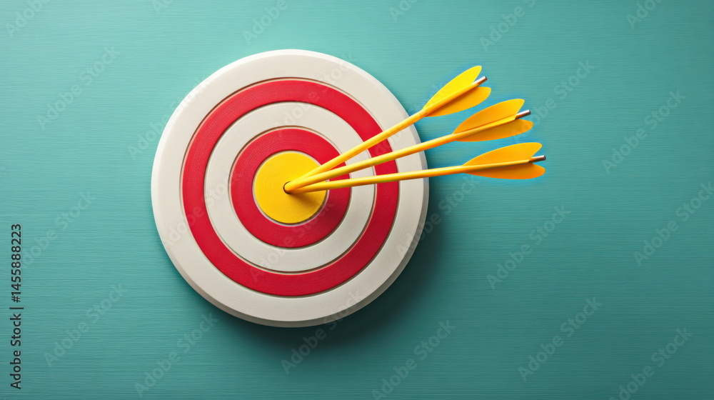 Aufkleber three yellow arrows precisely hit the bullseye on a red and white , symbolizing success on a blue ba