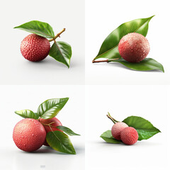 Four digital renderings of exotic fruit with leaves.