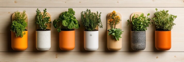 Colorful wall-mounted herb planters in various colors, on light wooden background