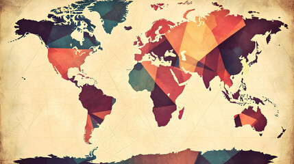World map, polygonal design, muted colors, vintage aesthetic.  A stylized world map, overlaid with vibrant yet subdued polygons. 