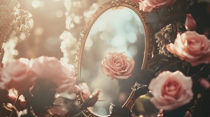 Antique mirror reflecting a pink rose soft floral image for romantic designs