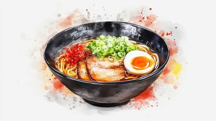 Watercolor ramen noodles with egg and meat