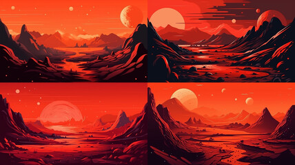 Four stylized depictions of a crimson alien landscape.
