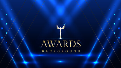 Dark blue luxury awards graphics background with light neon elegant shine spotlight effects. Premium corporate abstract design template. Banner certificate dynamic shape
