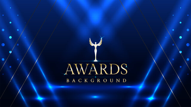 Dark blue luxury awards graphics background with light neon elegant shine spotlight effects. Premium corporate abstract design template. Banner certificate dynamic shape