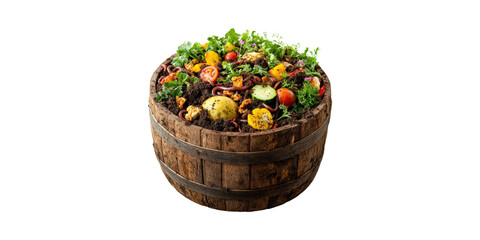 Wooden Barrel Filled With Compost And Earthworms. Sustainable Gardening And Organic Waste Recycling Isolated On Transparent Background