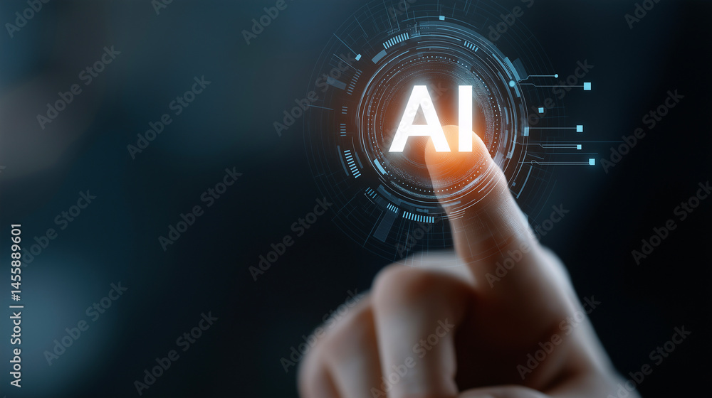 Poster human finger touching futuristic ai interface, digital technology and innovation concept – artificia