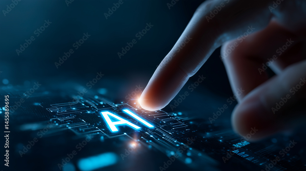 Poster close-up of a human finger touching virtual ai interface, futuristic digital technology and artifici