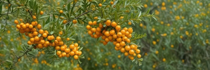 Compact sea buckthorn laden with ripe yellow berries and delicate flowers ,  foliage,  bloom