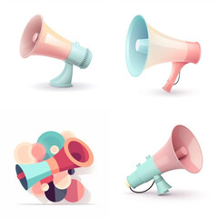 Four pastel-colored megaphones in a graphic design illustration.