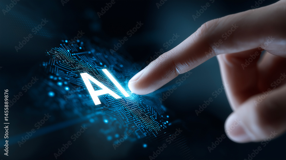 Poster human finger touching virtual ai interface, futuristic technology and innovation concept – artificia