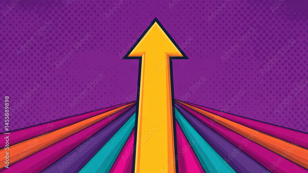 Poster a bright yellow arrow leads upwards with colorful perspective lines on a textured purple background 