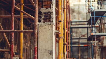 Concrete pillar construction with scaffolding support industrial building project