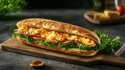 Gourmet submarine sandwich with melted cheese and corn