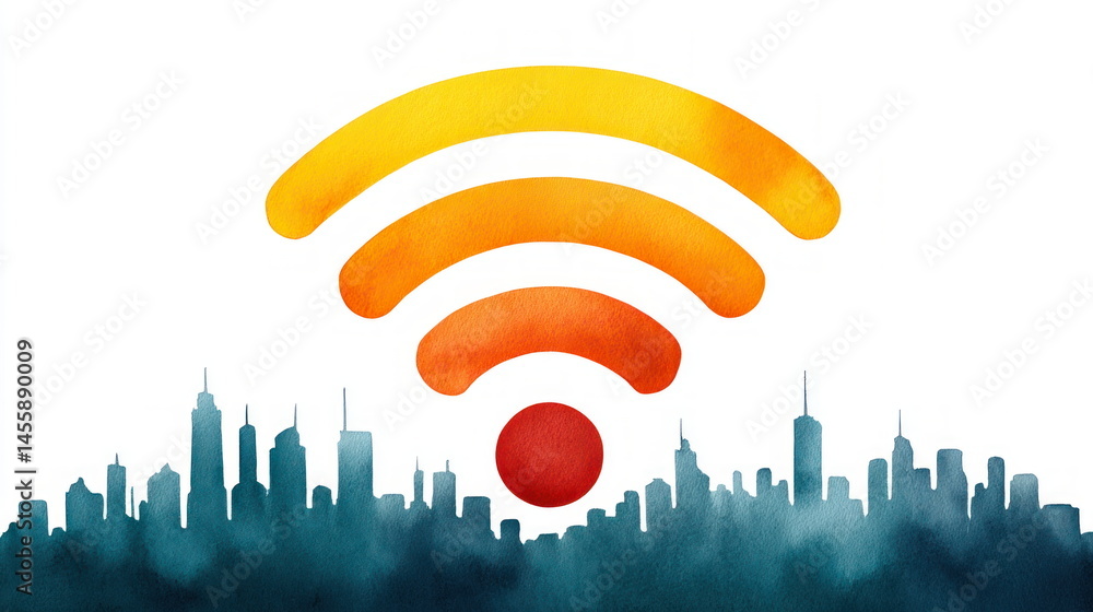 Poster watercolor city skyline with wifi symbol representing internet connectivity and wireless technology 
