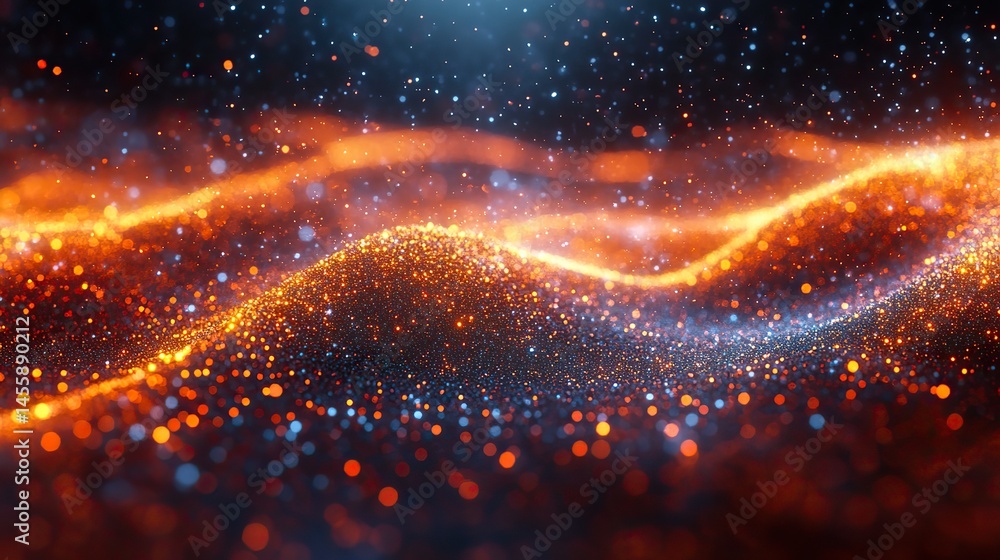 Poster an intricate geometric pattern formed by thousands of tiny, shimmering particles suspended in mid-ai