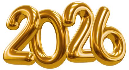 2026 New Year, 3d realistic glossy golden numbers 2026, text isolated on transparent background