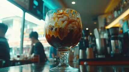 Iced coffee drink with whipped cream and caramel in a glass