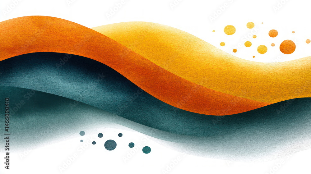 Poster abstract watercolor background shows fluid waves of orange and teal with scattered circles against a