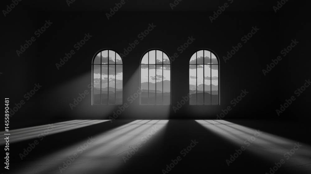 Poster a black and white image of a room with three arched windows and a large window.