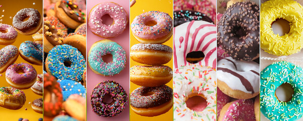 Colorful assortment of frosted donuts arranged in a vibrant collage, perfect for satisfying your sweet cravings and adding fun to any occasion.