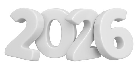 2026 New Year, 3d realistic glossy plastic white numbers 2026, text isolated on transparent background