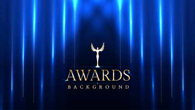Dark blue luxury awards graphics background with light neon elegant shine spotlight effects. Premium corporate abstract design template. Banner certificate dynamic shape
