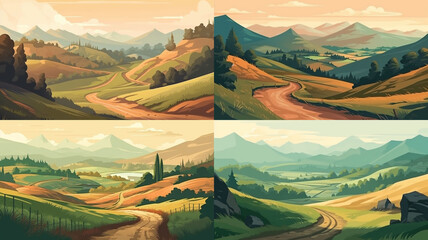 Four variations of a scenic rural landscape.