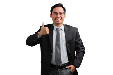 Handsome Asian businessman in suit showing thumbs up and smiling, isolated on transparent background
