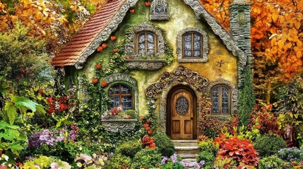 Fototapeta premium Whimsical cottage nestled in autumnal foliage a storybook escape with a colorful facade and inviting rustic architecture