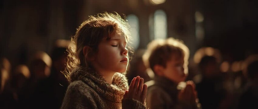 A young child prays with hands clasped together in a church. Soft, warm light filters through the windows.