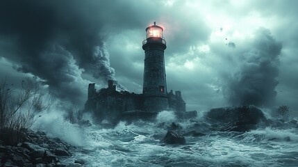 An old lighthouse battered by a fierce storm, waves crashing against its base, a symbol of resilience.